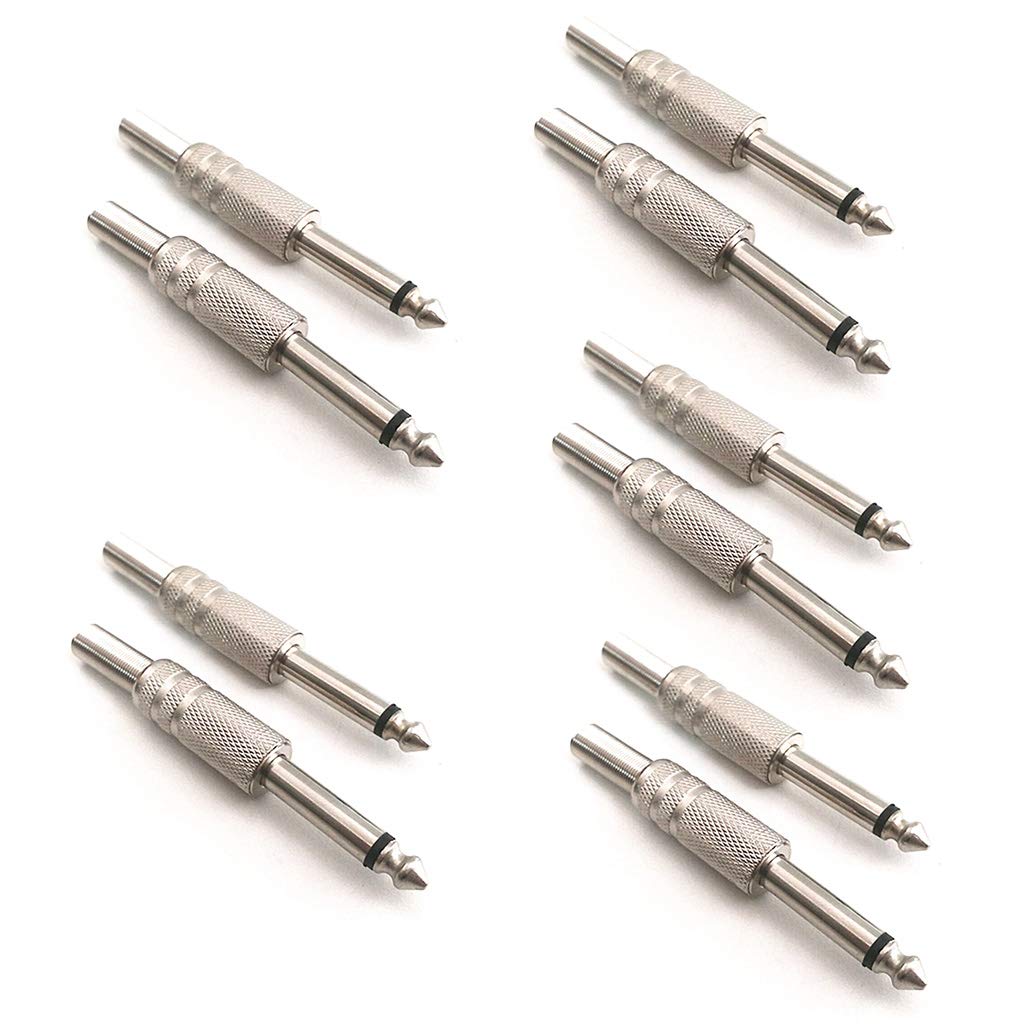 CAFFAINA 10Pcs 1/4" Mono Audio Jack 6.35mm Metal Male Monaural Audio Cable Connector Plug