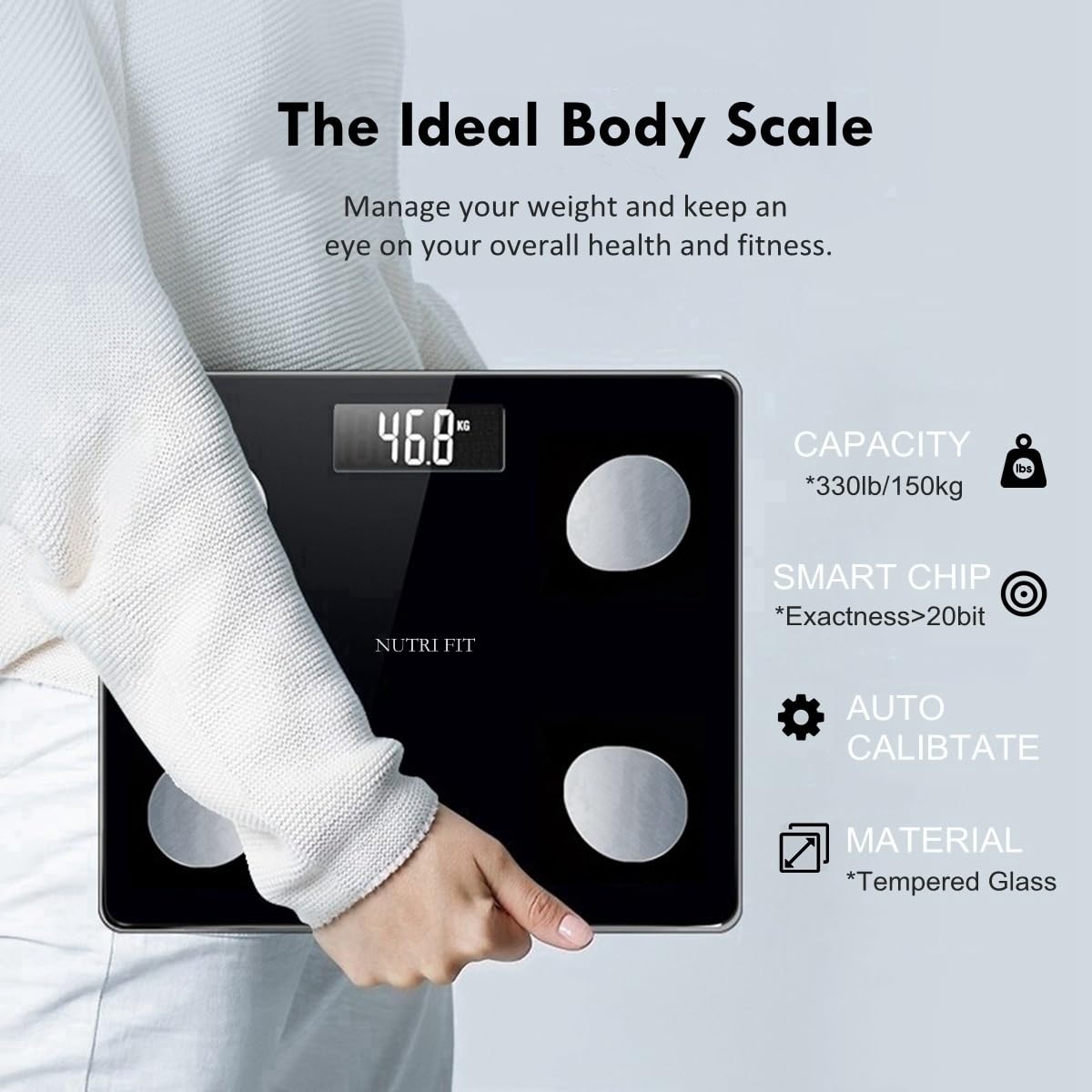 NUTRI FIT Bathroom Weighing Scale for Body Weight and Fat, Digital Smart Scale with Bluetooth, Body Composition Watchers with APP for BMI, Muscle, Weight Loss, Max 150kg/330lb
