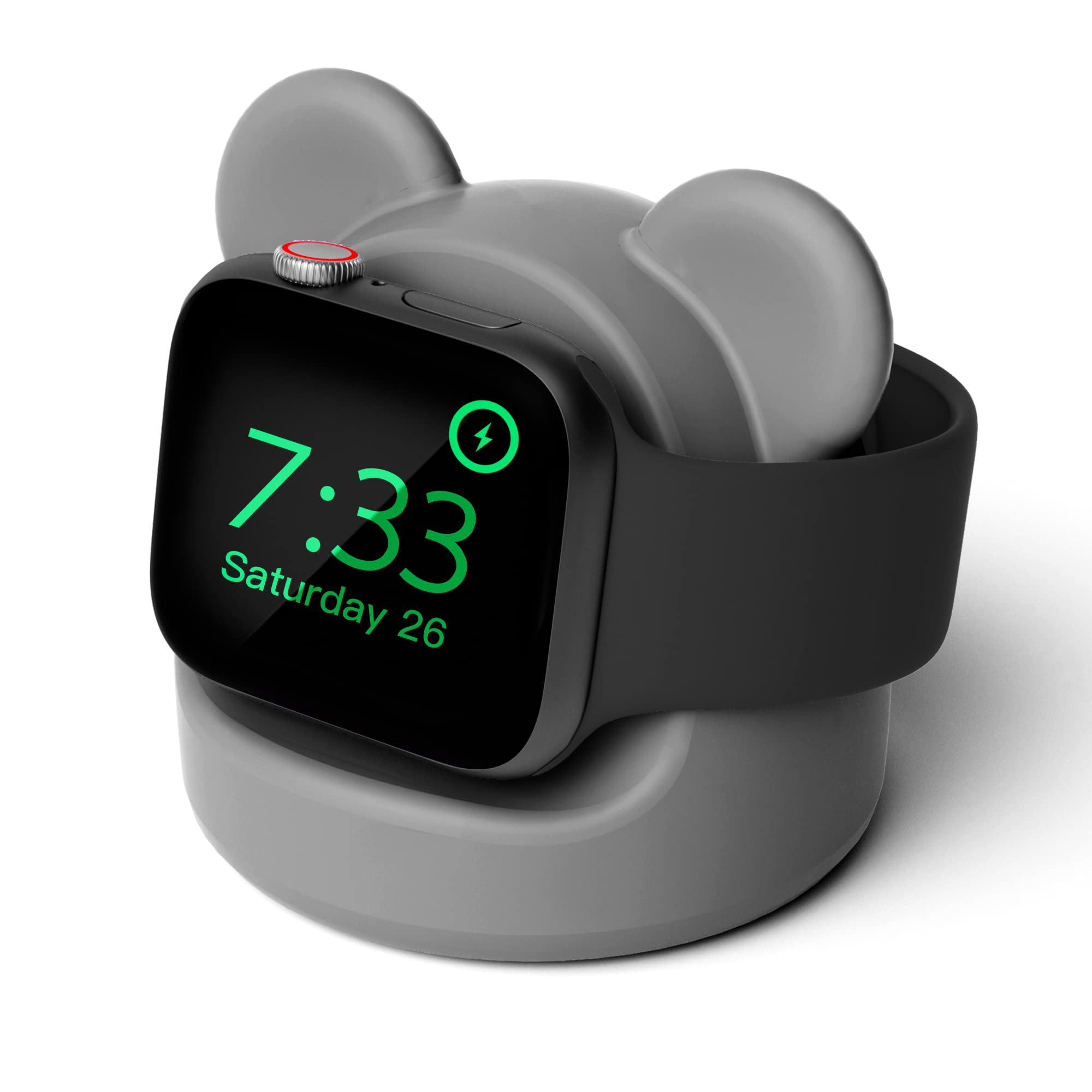 ELETIUO Charger Stand Silicone Dock Holder Compatible with Apple Watch Series Ultra2/Ultra/10/9/8/SE2/7/6/SE/5/4/3/2/1 (46/45/44/42/41/40/38mm),Bear iWatch Charging Dock,Supports Nightstand Mode,Grey