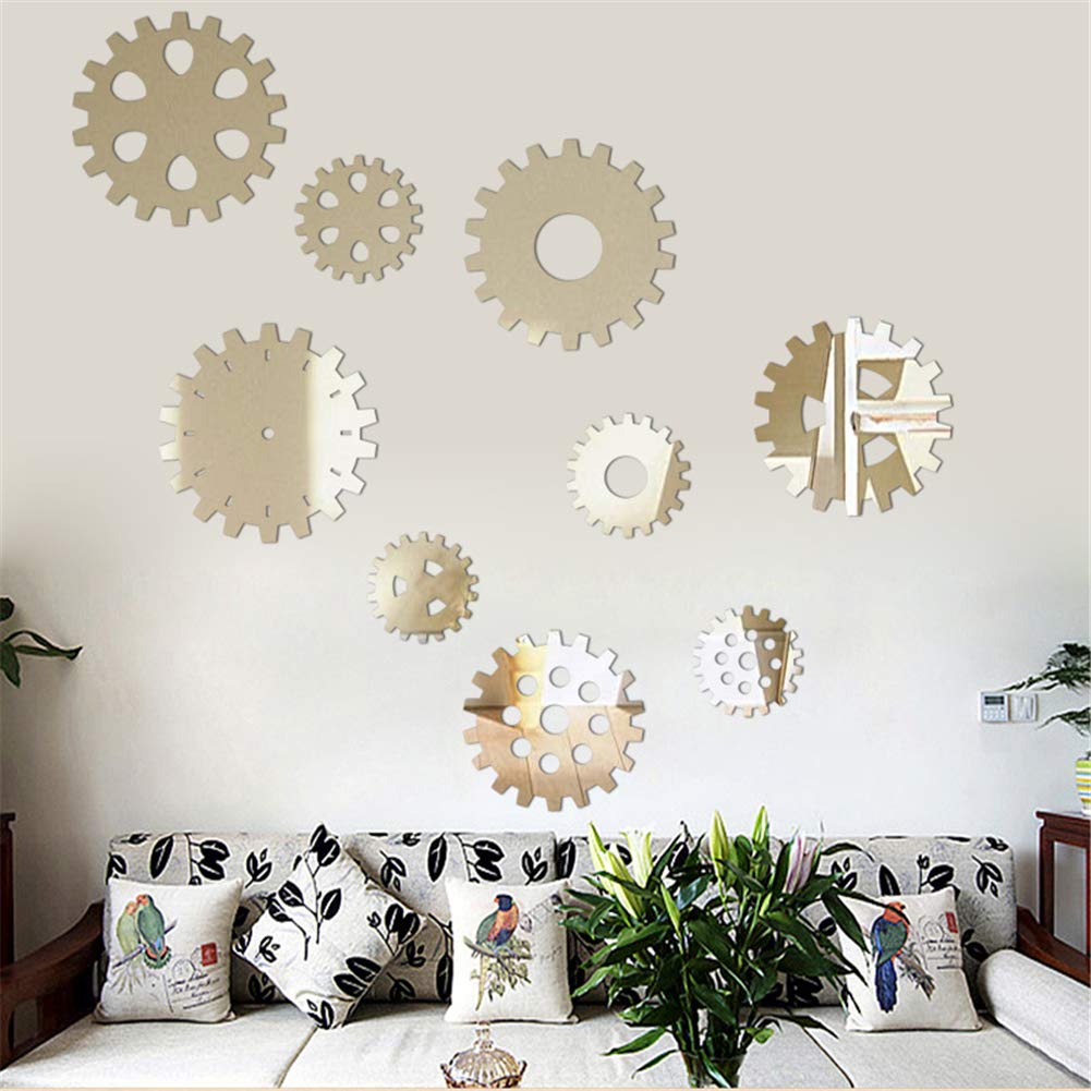 seaNpem Acrylic Mirror Wall Sticker, 4 Pcs DIY Removable Waterproof Floral Mirror Wall Decals Decorative Murals Stickers, for Home Living Room Bedroom Office Hallway Sofa TV Wall Decoration (Gears)