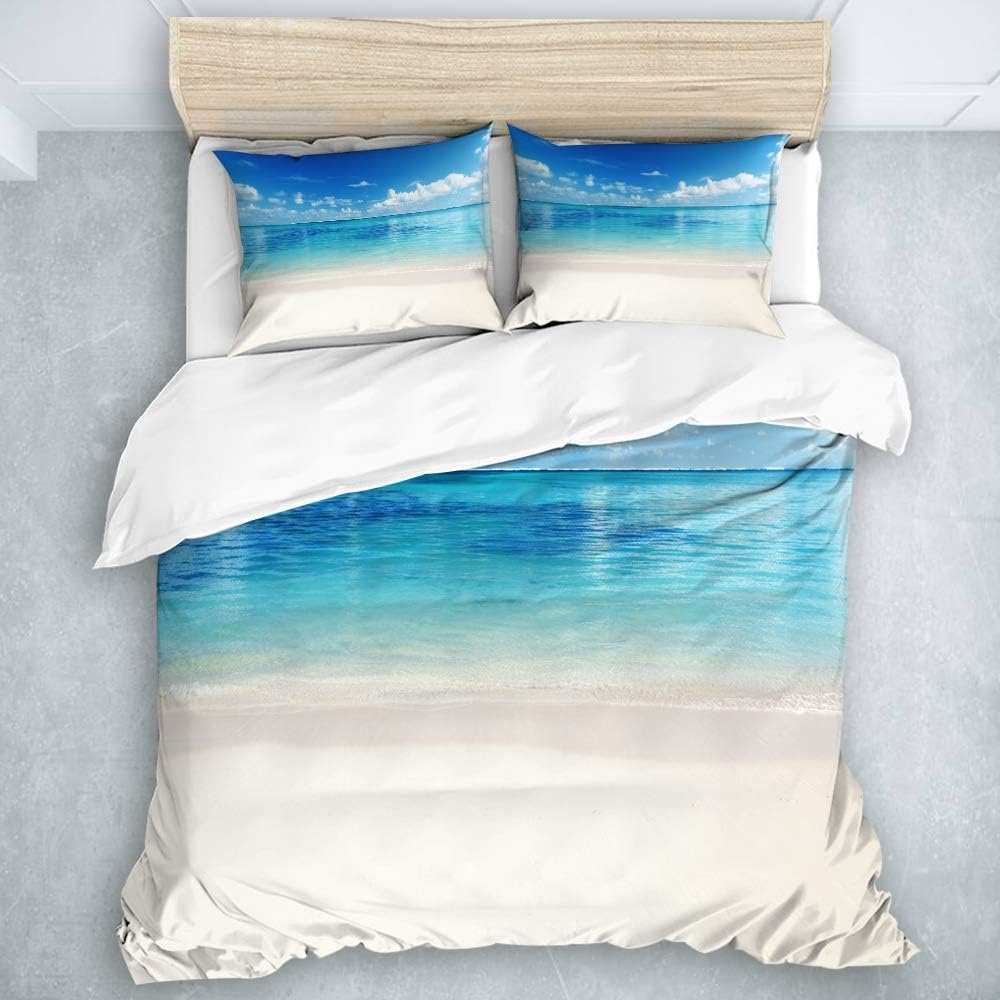 SUHOM Duvet Cover Set Ocean Natural Coastal Sandy Beach and Carribean Seashore Heavenly Paradise View Image Decorative 3 Piece Bedding Set with 2 Pillow Shams King