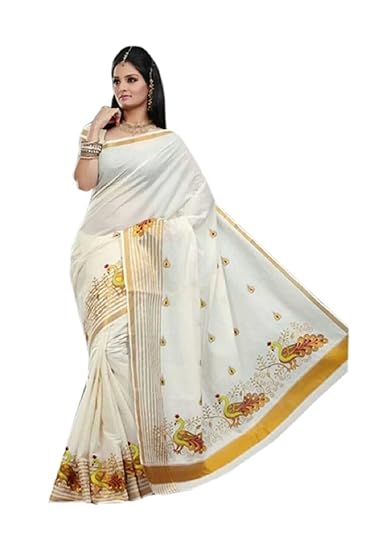 Women's Kasavu Cotton Saree With Blouse Piece (RS-23_White)