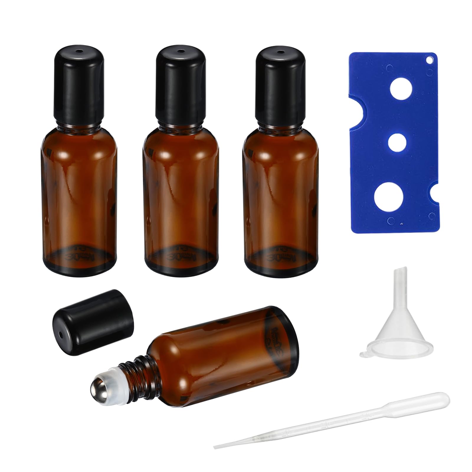 Photo 1 of HEYLEAYAR 20ML Roller Bottles for Essential Oil, 4 Pack Empty Amber Glass Roller Bottle for Perfume Oil, Roll on Bottles with Stainless Steel Roller Balls, Opener, Funnel and Dropper