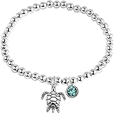 Turtle Gift, Personalized Turtle Beaded Bracelet with Initial Letter and Birthstone Charm, Turtle Adjustable Jewelry, Custom Turtle Lover Accessories