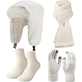 Chicingyou 4 Pcs Women Trapper Hat with Earflaps Scarf Gloves Socks Winter Set Warm Faux Fur Hat for Cold Weather Women Men