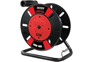 FSTSN Heavy Duty Extension Cord Storage Reel with Hand Crank – Portable Open Cord Reel Holder for 12/3, 14/3, 16/3 Power Cords, 4-Grounded Outlets, Electric Cable Roller, Red.