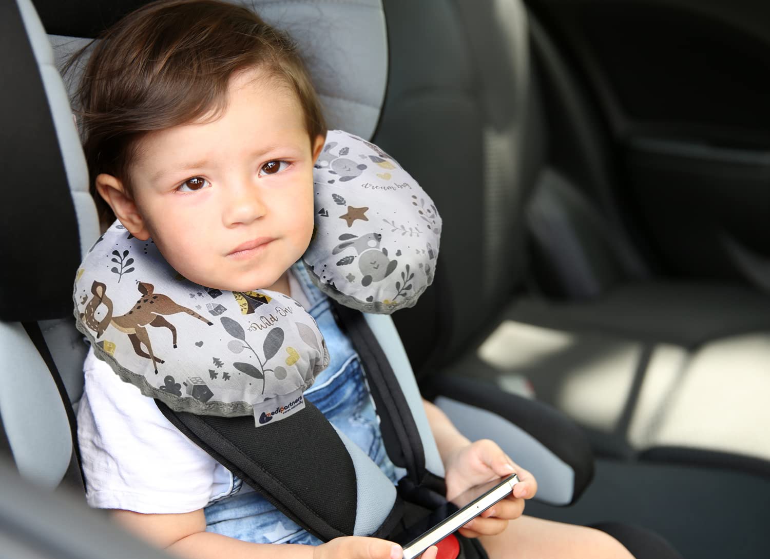 Medi Partners Nackenkissen Kinder Nackenhörnchen Auto Flugzeug Baby - 100% Baumwolle/Minky Nackenstütze Kopfstütze Kindersitz Autositz Nackenrolle Kissen (Reh mit grauem Minky) 5