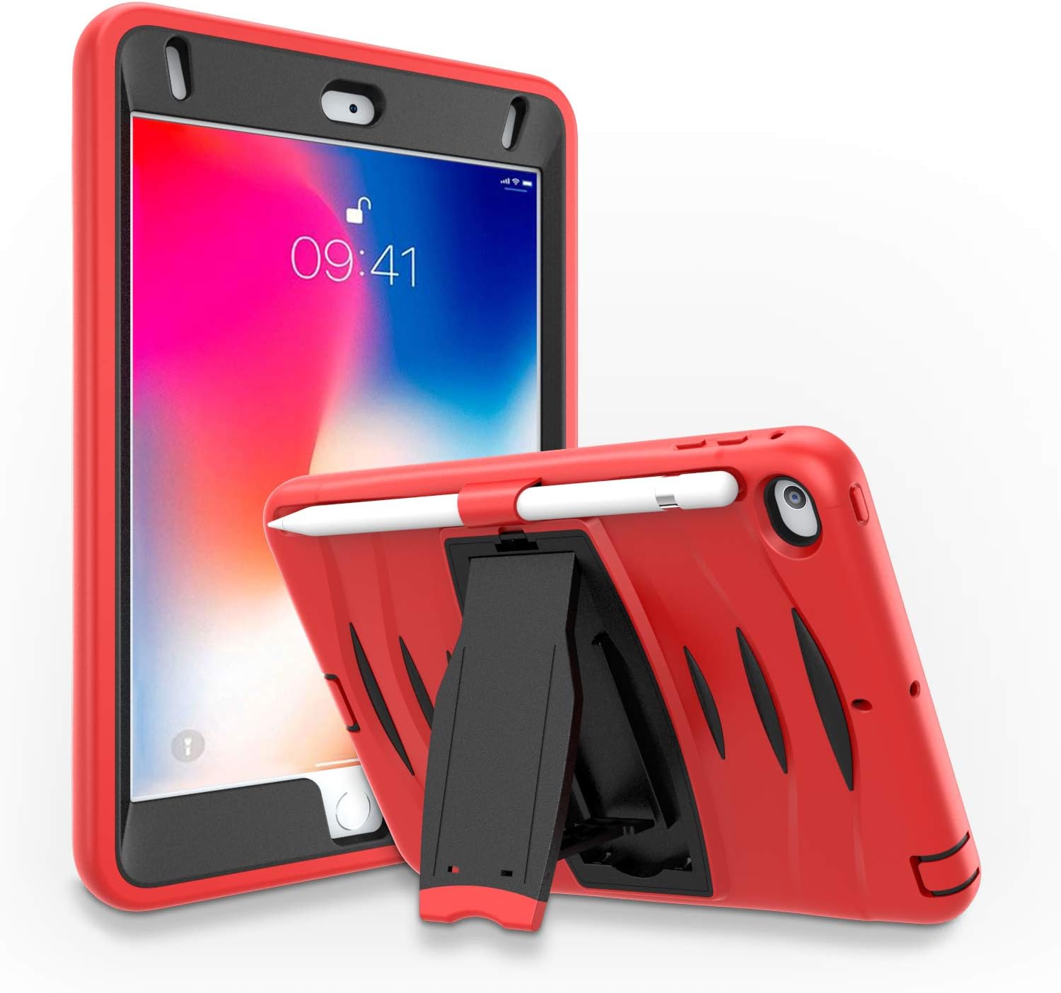 Herize iPad Mini 5 Case 2019/iPad Mini 4 Case 2015, Full-Body Shockproof Protection Silicone High Impact Protective Case with Stand for iPad Mini 5th Generation 7.9 Inch/iPad Mini 4th Generation Red