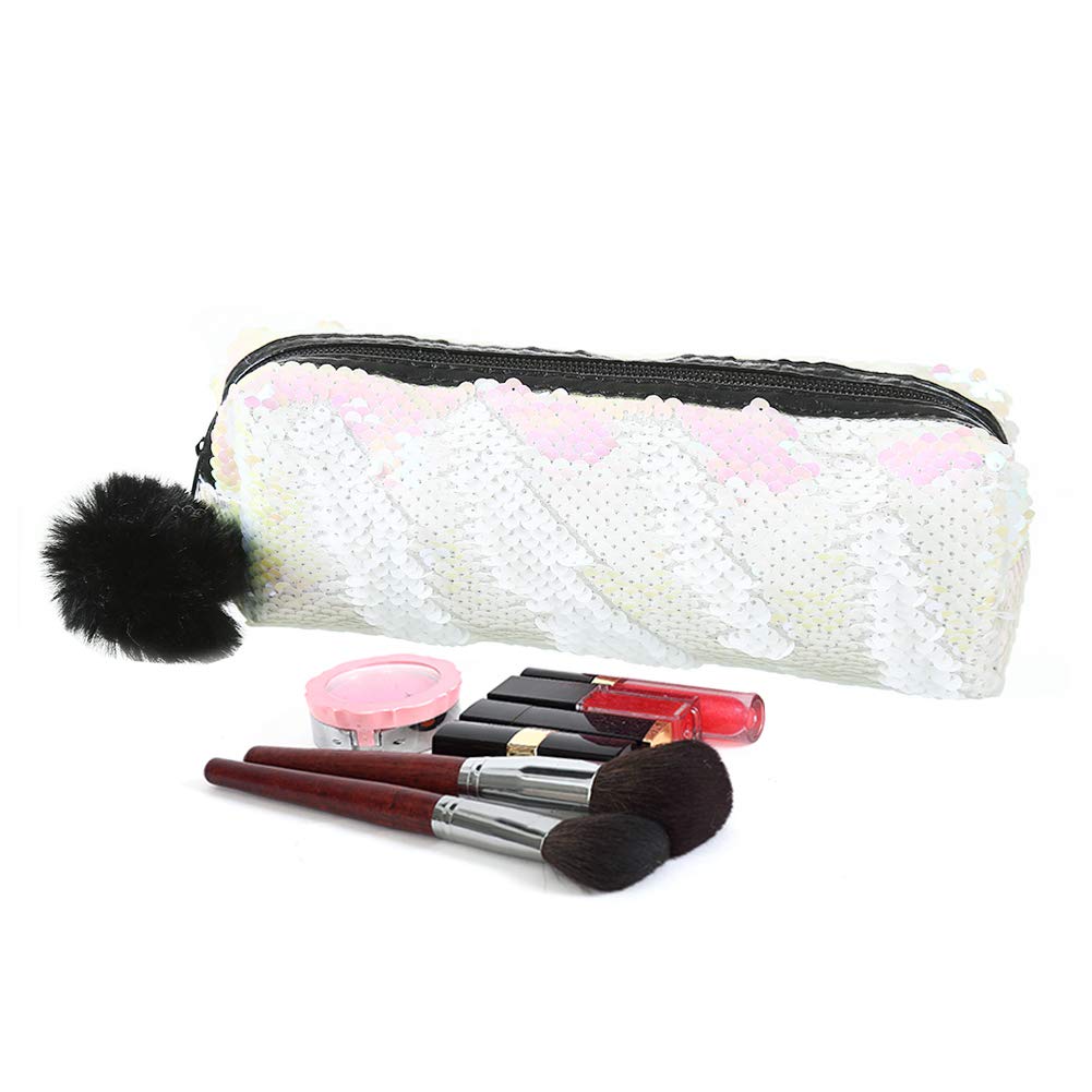 Large Reversible Rainbow Glitter Pencil Case (White+Pink)