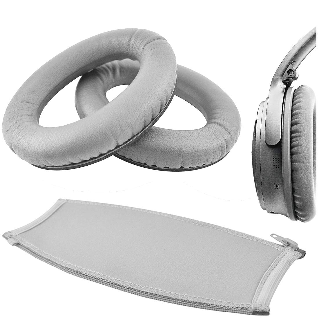 Geekria Replacement Ear Pad and Headband Pad Set for BOSE QuietComfort QC35, QC35 II Gaming, QC45, QC25, QC2, QC15 Headphones, Repair Parts Suit (Grey Silver)