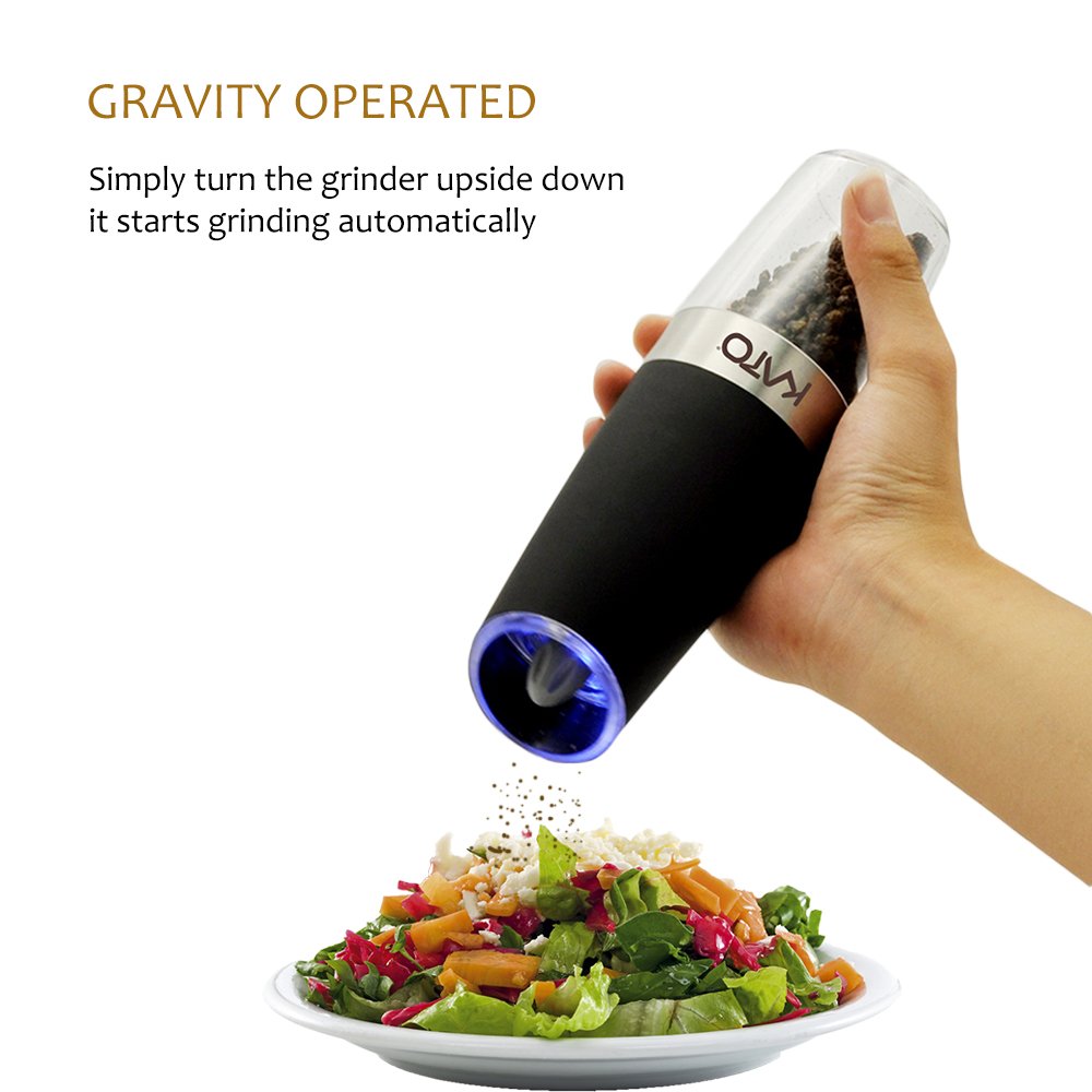 Kato Gravity Electric Salt and Pepper Grinder Set of 2 - Automatic Operation, Battery Powered, Blue LED Light - Adjustable Ceramic Grinding Coarseness Mills with Free Garlic Peeler, Black