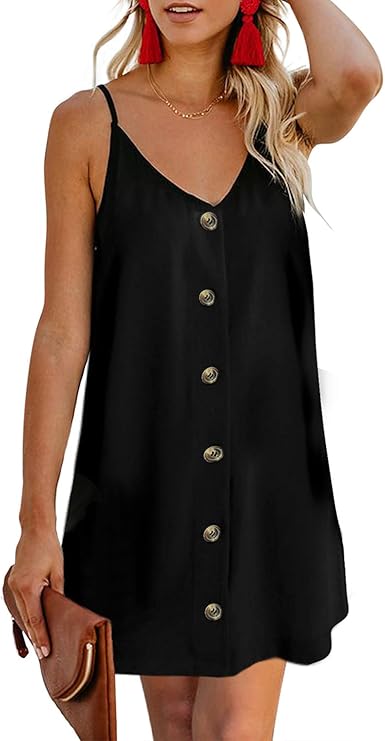 AlvaQ Women V Neck Spaghetti Strap Tunic Short Dress Loose Button Down A Line Swing Mini Dresses Black Large best women's sundresses