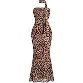 Milumia Women's Leopard Print Strapless Bodycon Maxi Dress Mesh Long Tube Top Dress