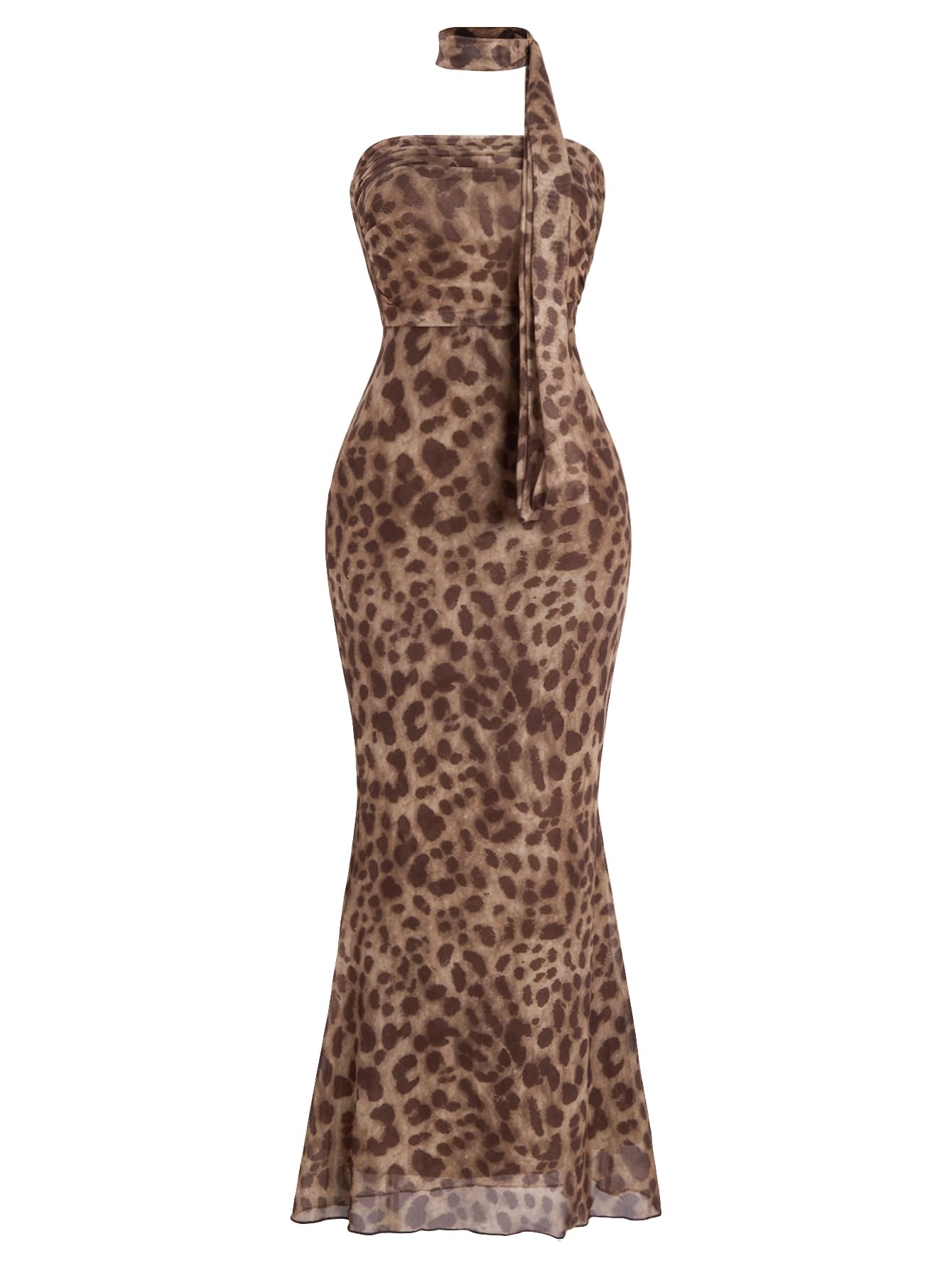 Photo 1 of Milumia Women's Leopard Print Strapless Bodycon Maxi Dress Mesh Long Tube Top Dress