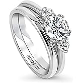 BERRICLE Sterling Silver 3-Stone Engagement Rings Stackable Band for Women, 0.8 Carat Round Cut Cubic Zirconia CZ Ring Set