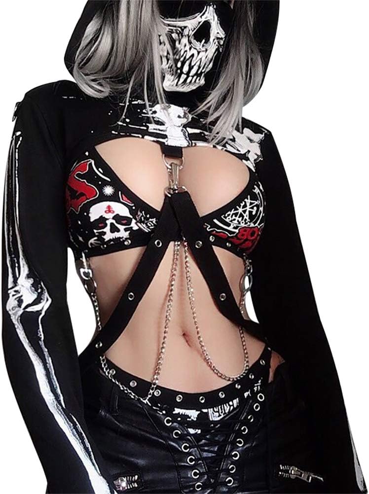 Enfei Halloween Womens Skull Hollowed Hoodies Bandage Metal Crop Tops Hooded Pullover Sweatshirts for Gothic Girl