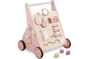 Beright Wooden Baby Walker Push and Pull Learning Activity Walker Kids’ Activity Toy Multiple Activities Center Develops Motor Skills & Stimulates Creativity(Pink)