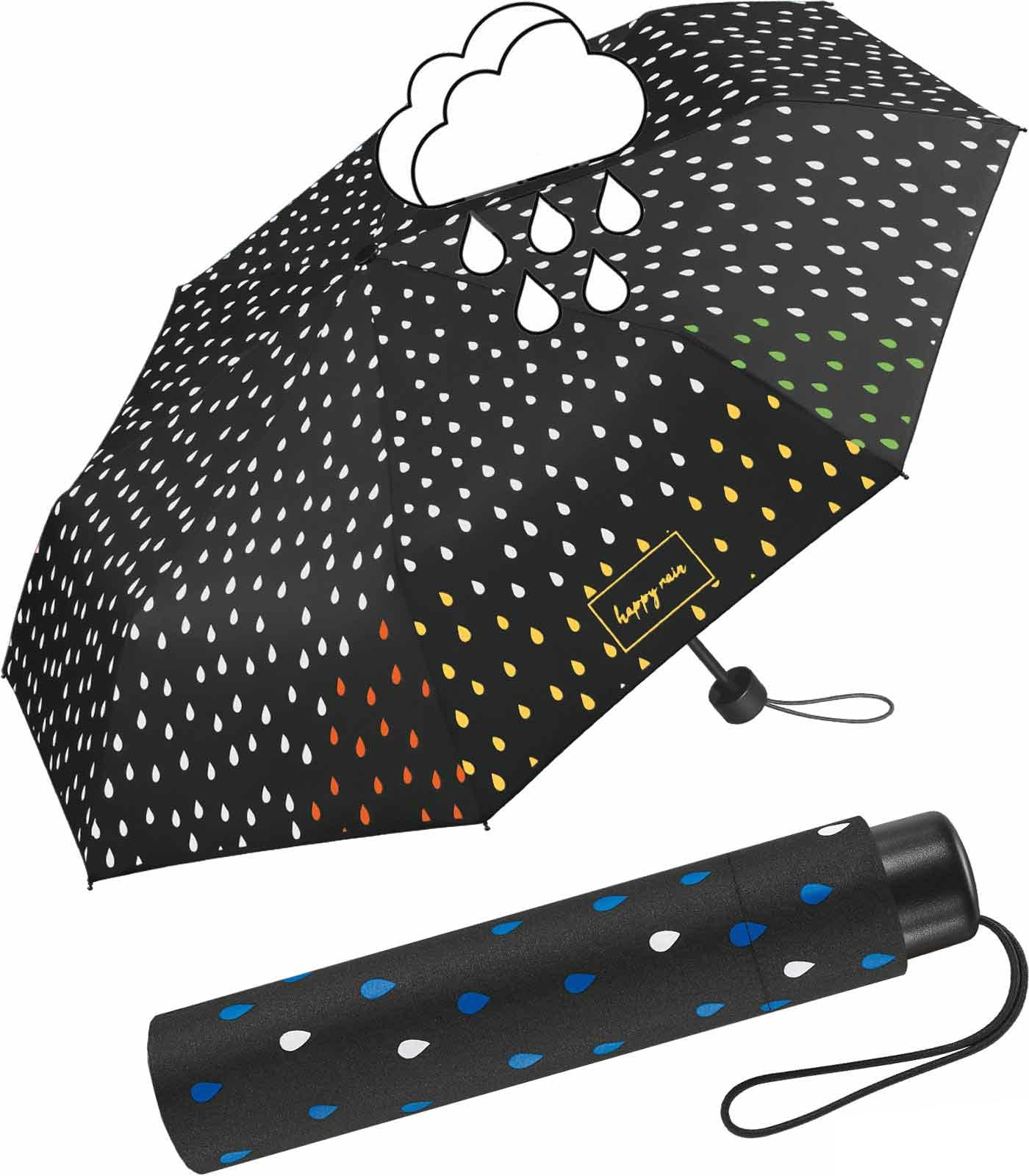 Black Umbrella, Colour Change in Wet Rain Drops Multicolour Mini pocket umbrella hand opener. 95 cm