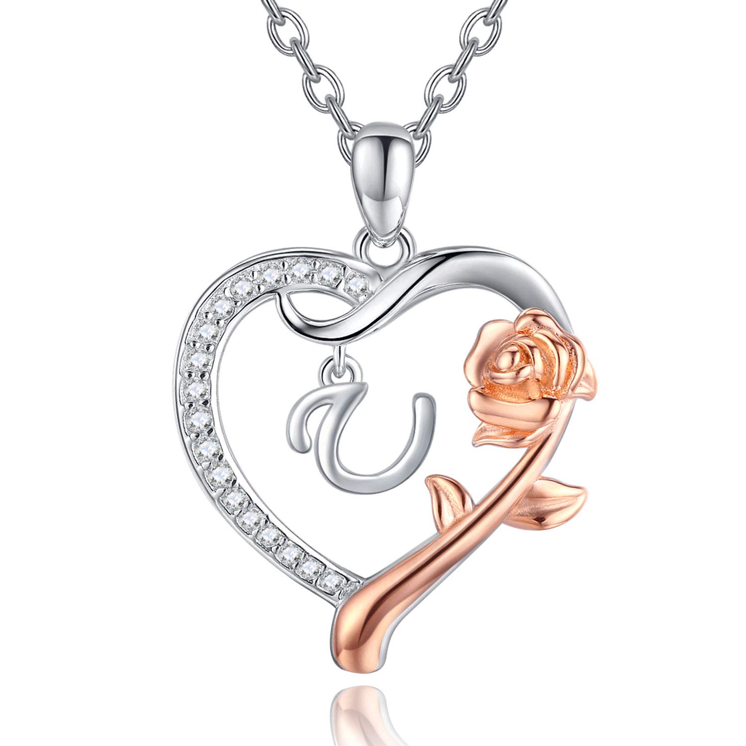 Initial Necklace 925 Sterling Silver Alphabet U Letter Roseflower Heart Pendant Necklaces Personalised Jewellery Birthday Letter Necklaces Gift for Women Girls