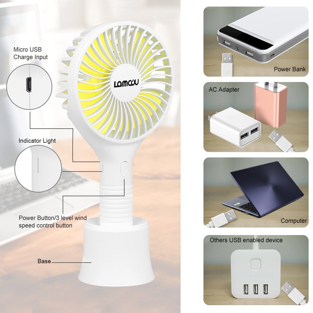 Lammcou Mini Hand Fan Portable Fan Small Table Fan Handheld Personal Fan Mini Fan for Office Room Outdoor Travel Camping Desk Fan Cooling Air Fan (3 Speed, White)