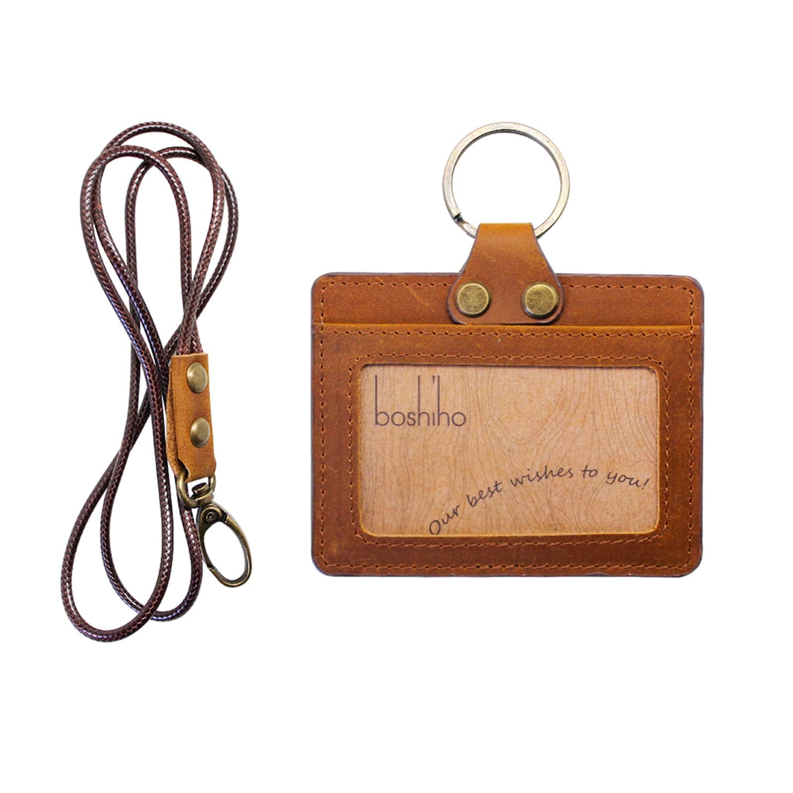 Badge Holder: Boshiho Cowhide Leather ID Badge Card Holder with 19" Neck Lanyard, Horizontal Style (Light Brown)