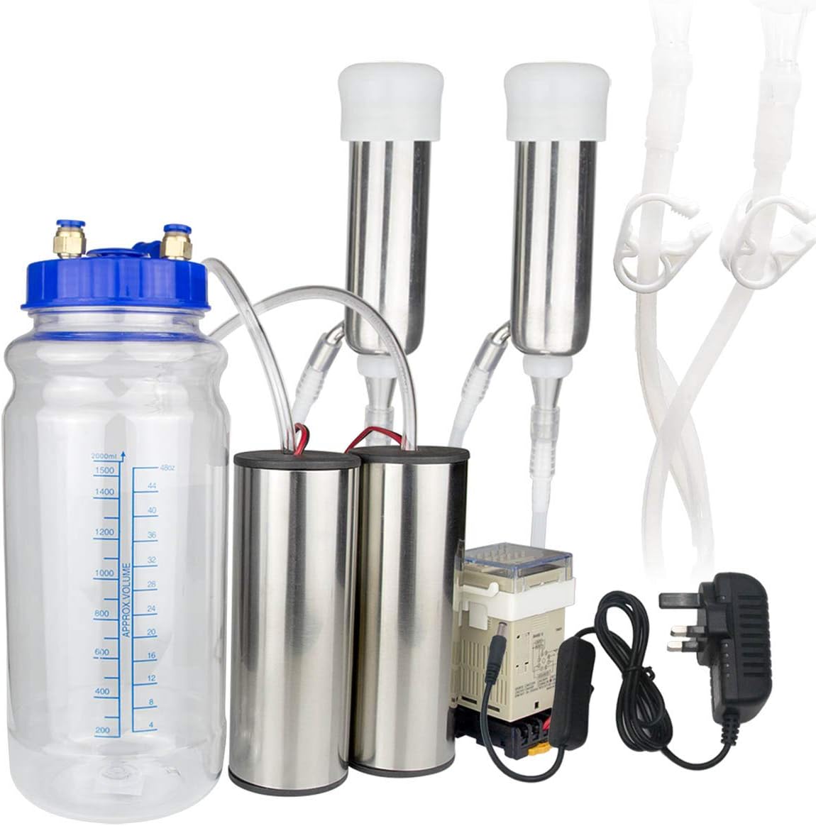 Hantop Milking Machine for Cow, Portable Electric Cow Milker Milking Machine with 2 Teat Cups, Operating Time Setting Device, 2L Stainless Steel Milk Bucket, Food Grade Hose (for Cow 2L)