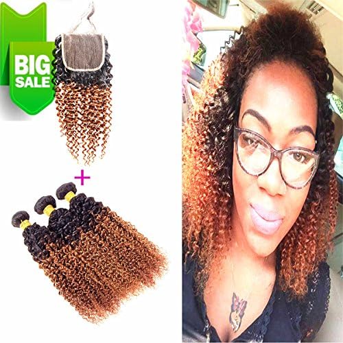 Ombre Blonde T1B/30 Closure With Jerry Curl Kinky Curly Hair Bundles of Brazilian Hair with Closure,Soft Bouncy Untangled Thick Merry Christmas (12 14 16 +10)
