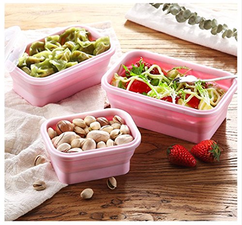 Silicone Lunch Box Portable Collapsible Folding Food Storage Container Kitchen Microwave, Dishwasher and Freezer Safe Household Picnic bento box for teens Pink(3pcs)