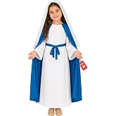 fun shack Virgin Mary Costume Kids, Saint Costume Kids, Christmas Costumes | Long White Tunic Dress with a Coordinating Belt, Flowing Royal Blue Cape Included, Perfect for Christmas, Fun for Dressing Up