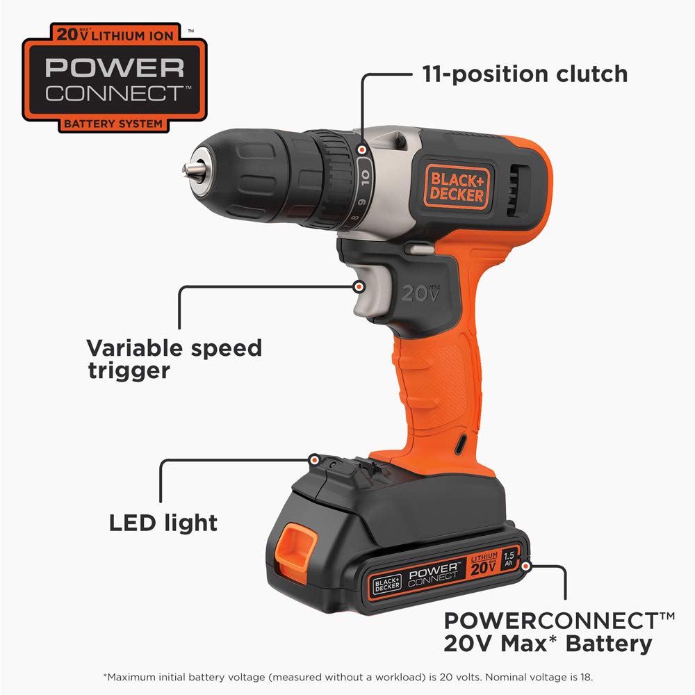 BLACK+DECKER 20V MAX Cordless Drill Kit with ?Battery, Charger, Includes Double Sided Drill Bit (BCD702C1)