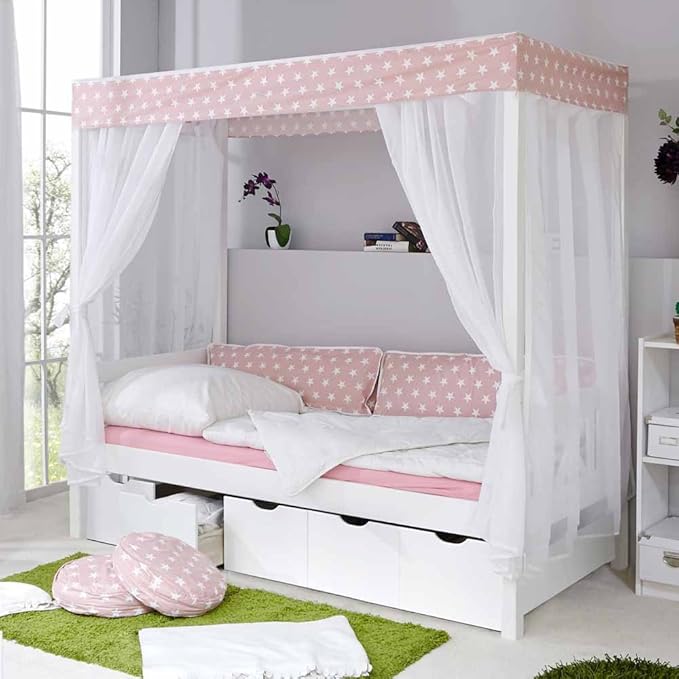 Pharao24 Mädchenbett mit Himmel und Schubladen Weiß Rosa