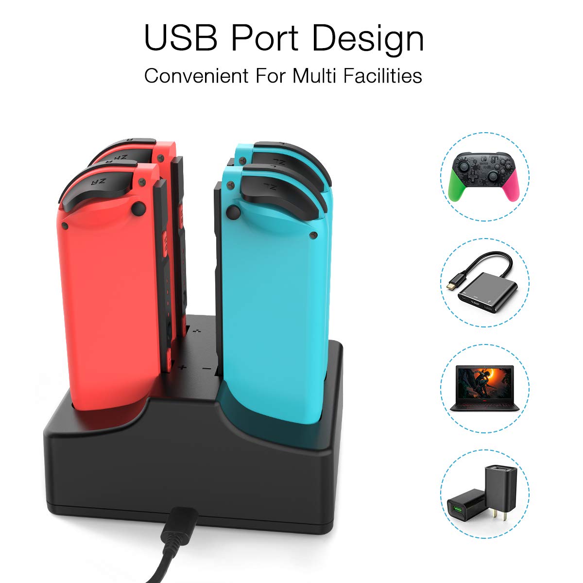 Switch Controller Charger Fit Nintendo Switch Joy Con Controller,Joy Con Charging Dock with Type C Cable and 4 Led Indicators,3 Hours Fast Full Charge