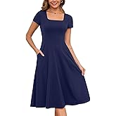 Annebouti Womens Spring Summer 2025 A-Line Square Neck Short Sleeve Semi-Formal Casual Work Midi Dress with Pockets