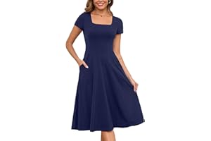 Annebouti Womens Spring Summer 2025 A-Line Square Neck Short Sleeve Semi-Formal Casual Work Midi Dress with Pockets