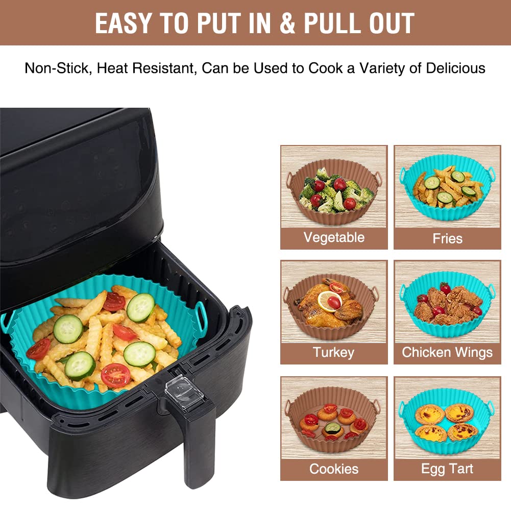 Silicone Air Fryer Liner 2 Pack, Xabzhzn 9 inch Non-Stick Reusable Air Fryer Liners for 5 to 6 7 8 QT Square and Round Basket, Airfryer Silicone Pot Baking Tray Oven Microwave Accessories, Blue+Brown