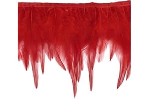 Shekyeon 2yards Rooster Hackle Feather Trim Fringe for DIY Clothing Craft Dress Decoration(red)