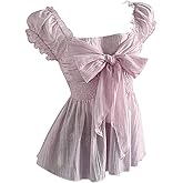 SHENHE Women's Summer Puff Sleeve Peplum Blouse Smocked Tie Bow Coquette Chiffon Shirt Top