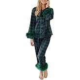 Nicoxijia Women's Christmas Feather Trim Silk Satin Pajama Long Sleeve Sleepwear Satin Soft Button Down Loungewear Pjs Set