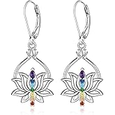 7 Chakra Earrings Lotus Earrings for Women Sterling Silver Yoga Lotus Flower Dangle Chakra Healing Crystal Jewelry Spiritual Mothers Day Christmas Gifts