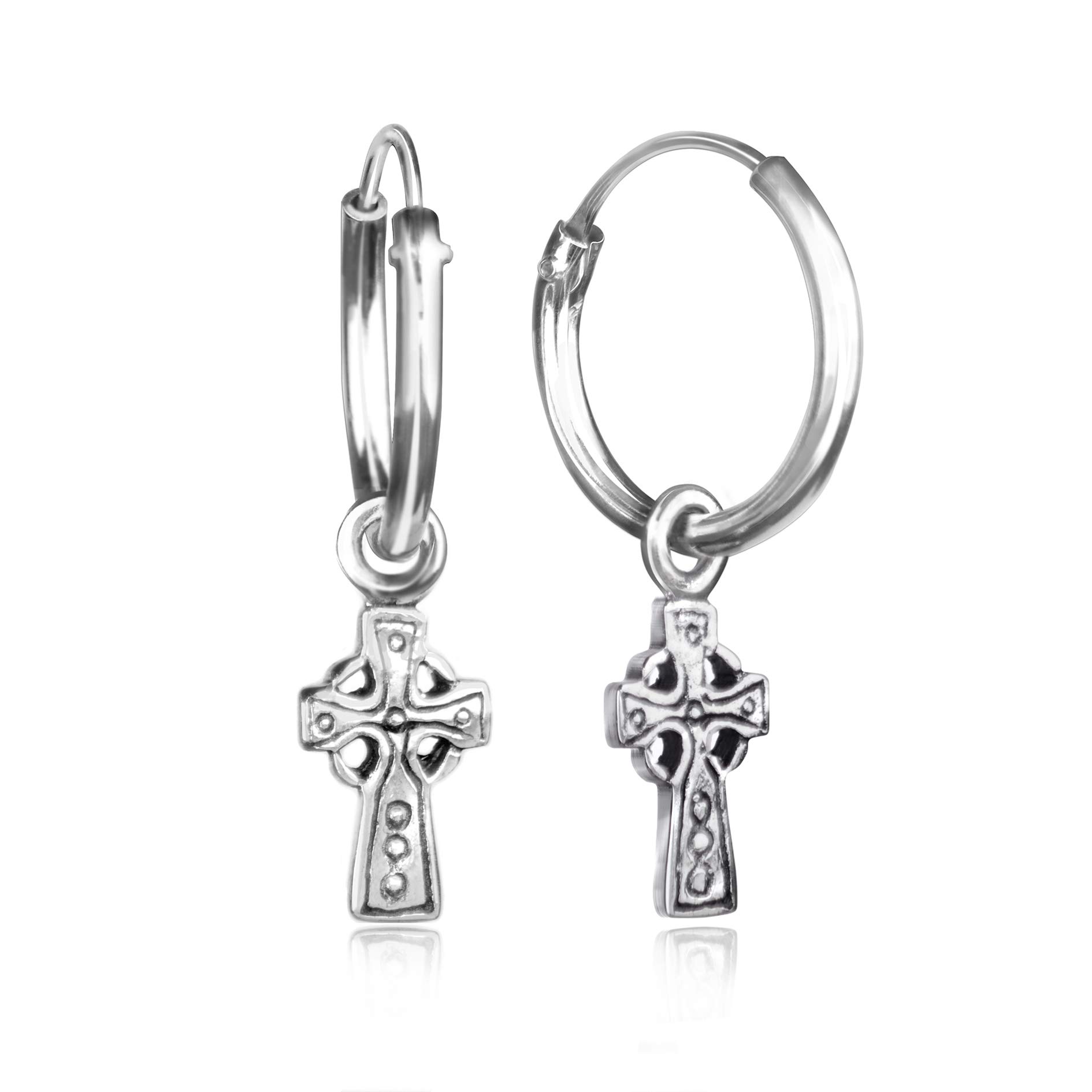 TJS 925 Sterling Silver Hoop Earrings with Cross Charm, Dangle Earrings for Women, Silver Dangle Earrings for Women, Cross Hoop Earrings