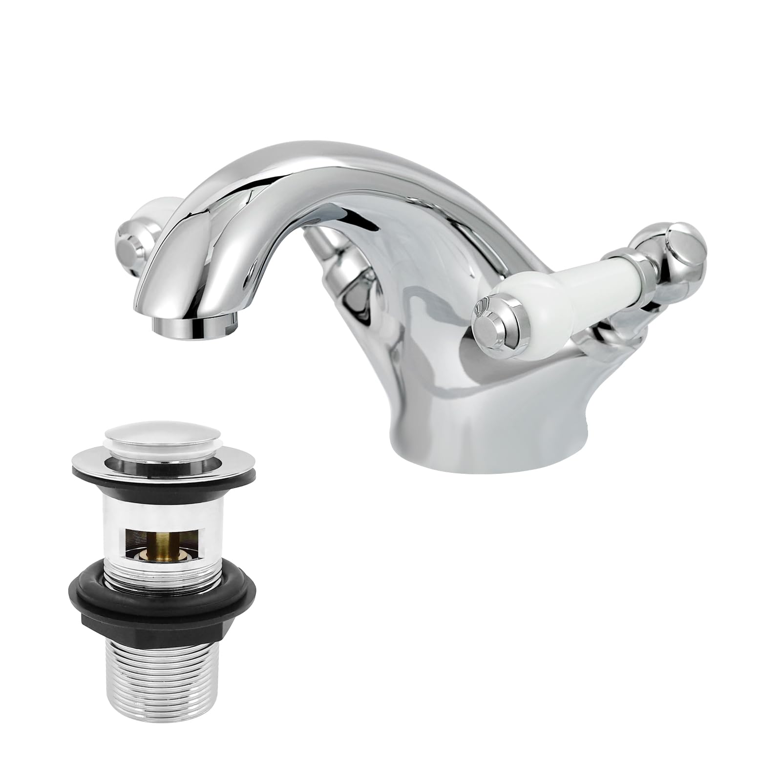 Victoria Bathroom Sink Tap for Basin with Pop up Sink Plug Dual Handle Chrome Brass Swan Neck Traditional Basin Mixer Tap 032ANCR