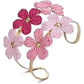 RUOFFETA Handmade Raffia Flower Cuff Bracelet for Women - Colorful Adjustable Wide Open Bangle, Statement Tropical Floral Jewelry for Beach