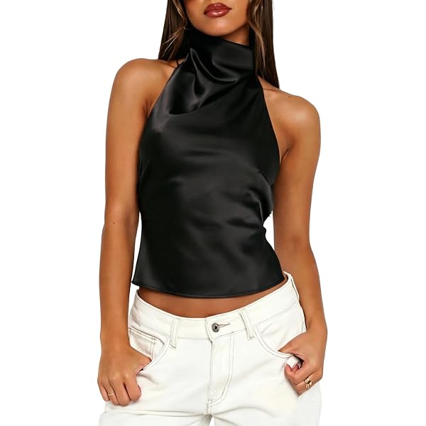 MakeMeChic Women's Summer Satin Silk Backless Halter Tank Tops
