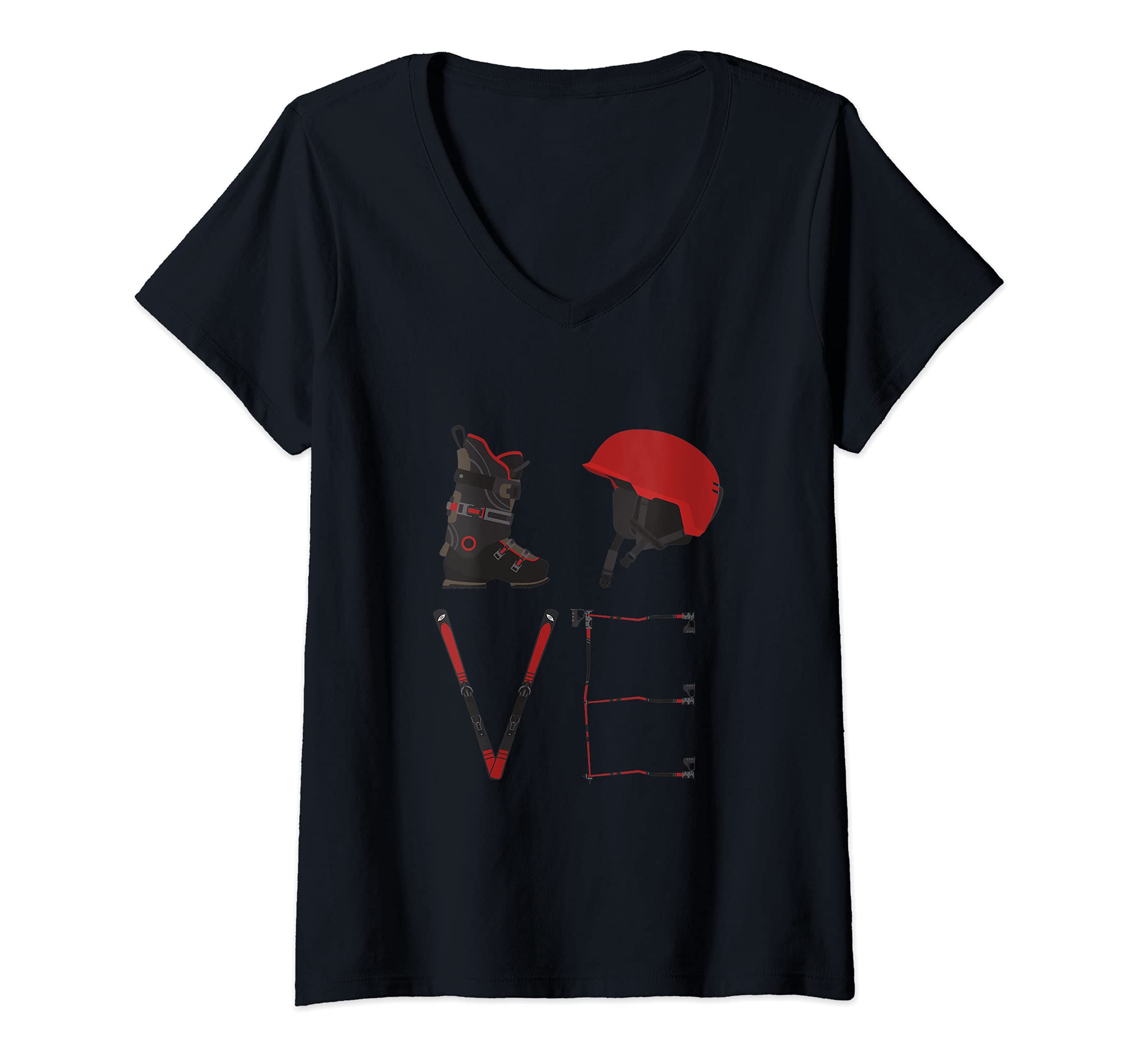 Womens Love Ski Equipment Skiing Cool Skies Sporty Athletic Snow V-Neck T-Shirt