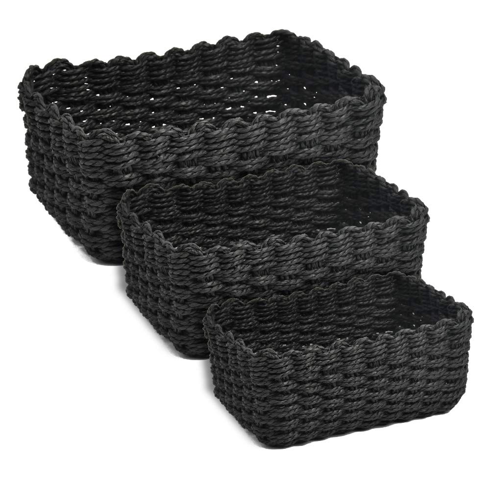 DODUOS 3Pcs Woven Storage Baskets, 3 Sizes Recycled Paper Rope Woven Organizer, Black Paper Storage Basket Braided Multipurpose Organiser Box for Cupboard Drawer Closet Shelf Dresser