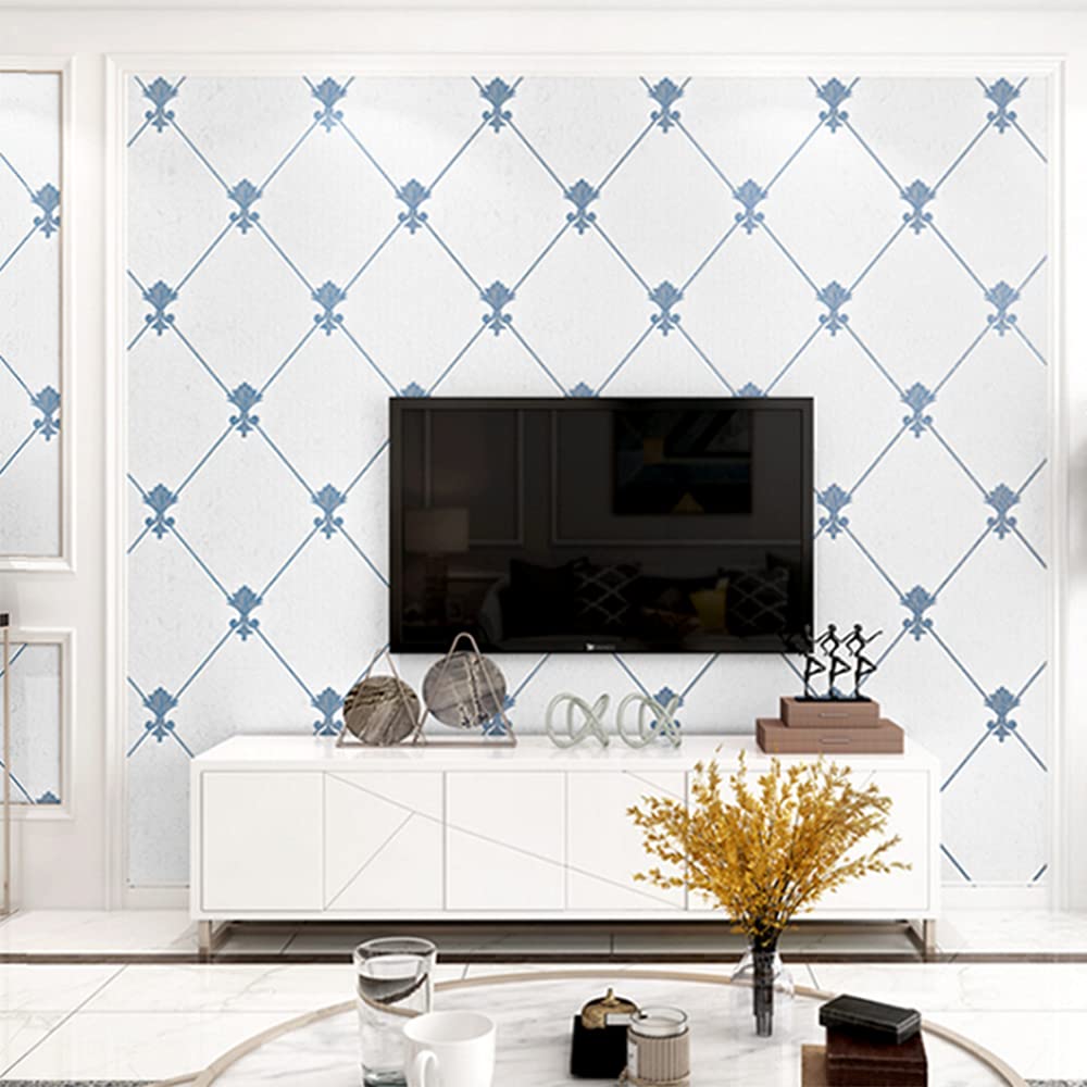 MEAIHOME Modern Simple 3D Non-Woven Flocking Diamond Lattice Pattern Wallpaper for Living Room Bedroom TV Background Blue Color Non-Pasted 1.73' W x 32.8' L