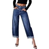 Sidefeel Barrel Jeans for Women High Waisted Wide Leg Baggy Stretchy Trendy Raw Rolled Hem Capri Cropped Ankle Denim Pants