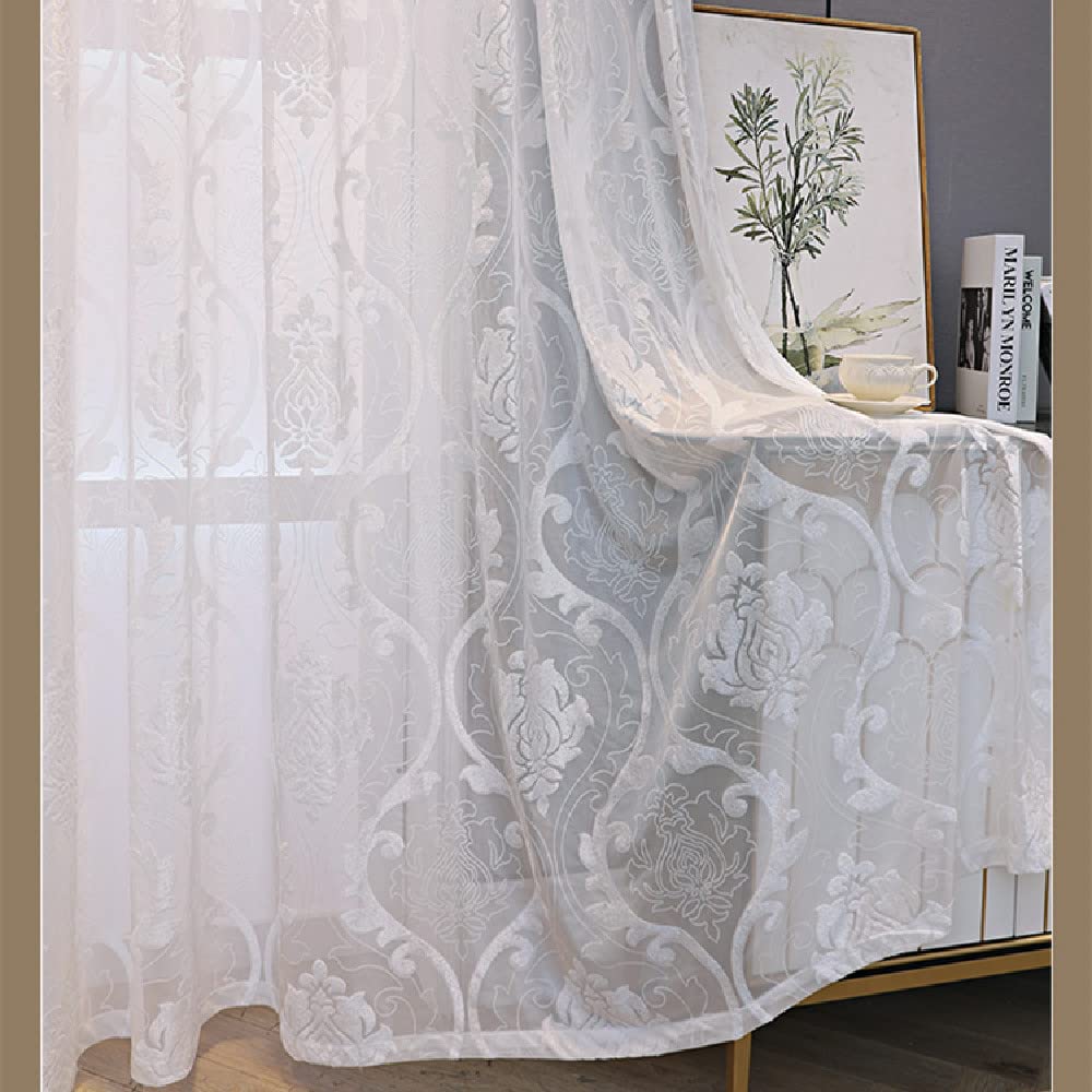 Amidoudou 1 Pair European Jacquard Hollowed-Out Gauze Tulle Curtains Living Room Bedroom Sheer Curtains (White,66 x 72 Inch)