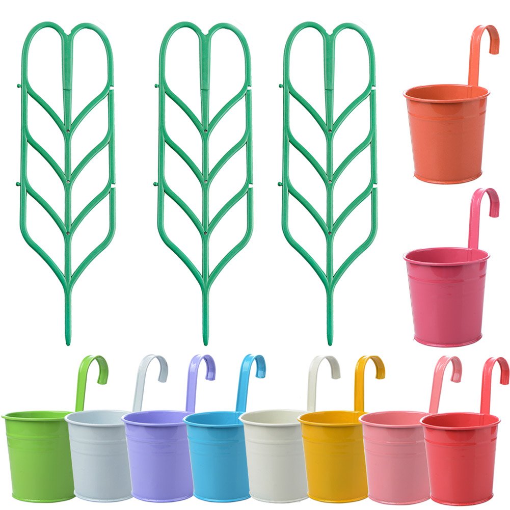 Uthome 10 Pcs metal hanging flower pots Iron Bucket Flower Holders,Sand bucket,flower pots outdoor,Balcony Garden Pots Wall Planters Home Decor (Incidental 3 pcs Plant Support)