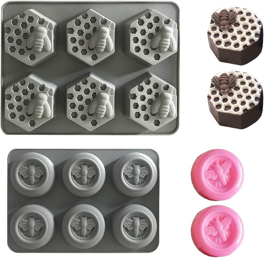 6 Cavity Bee Honeycomb 3D Soap Molds Silicone Mould Tray for Homemade DIY Making Cake Mousse Jelly Candy Chocolate 2Pcs Gray